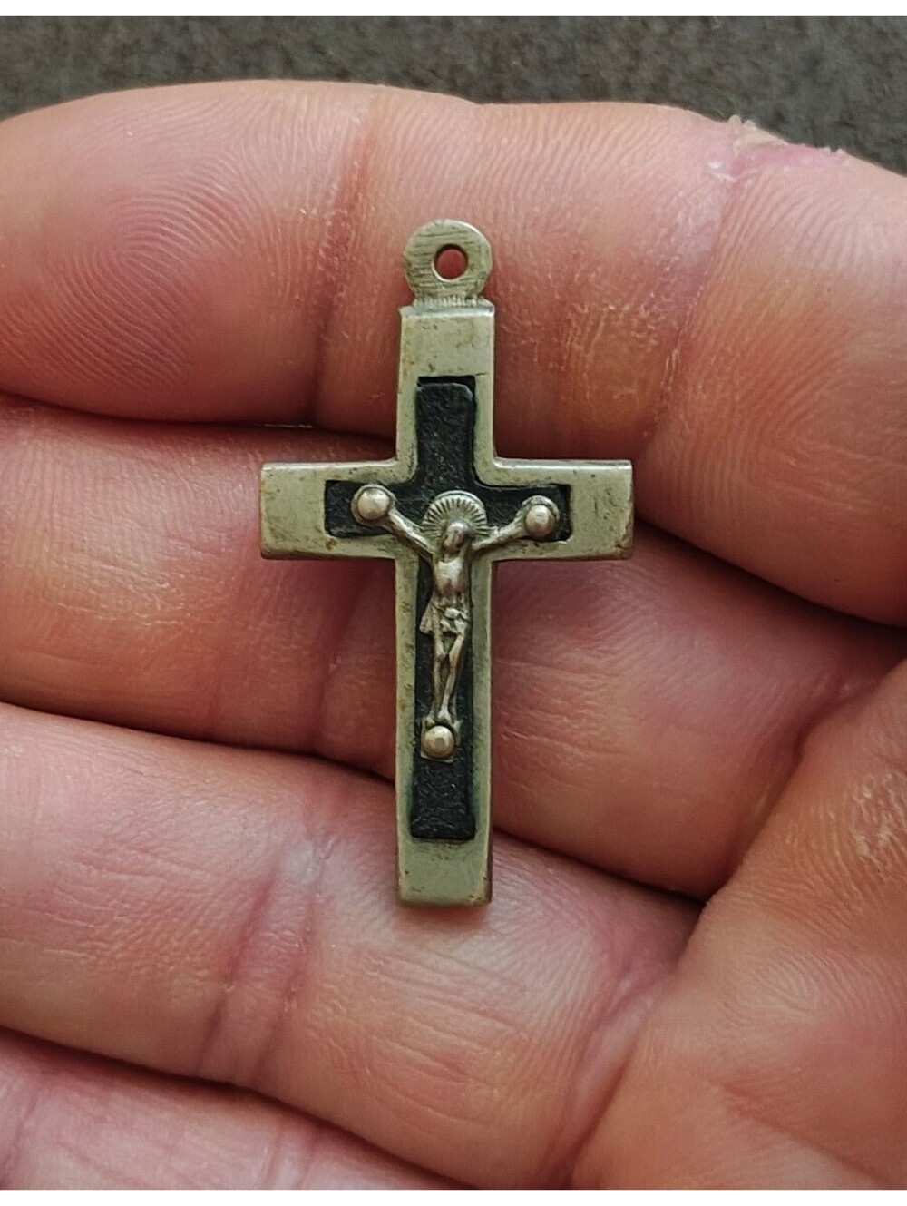 1930s Art Deco French Catholic Pectoral Crucifix With Ebony Wood Inlay Pendant